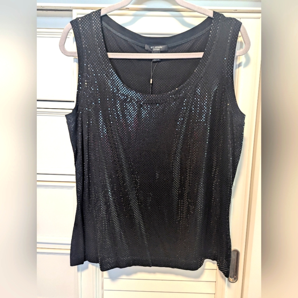 St. John Caviar Womens Black Shimmer Sleeveless Top Tank NWT Sz L